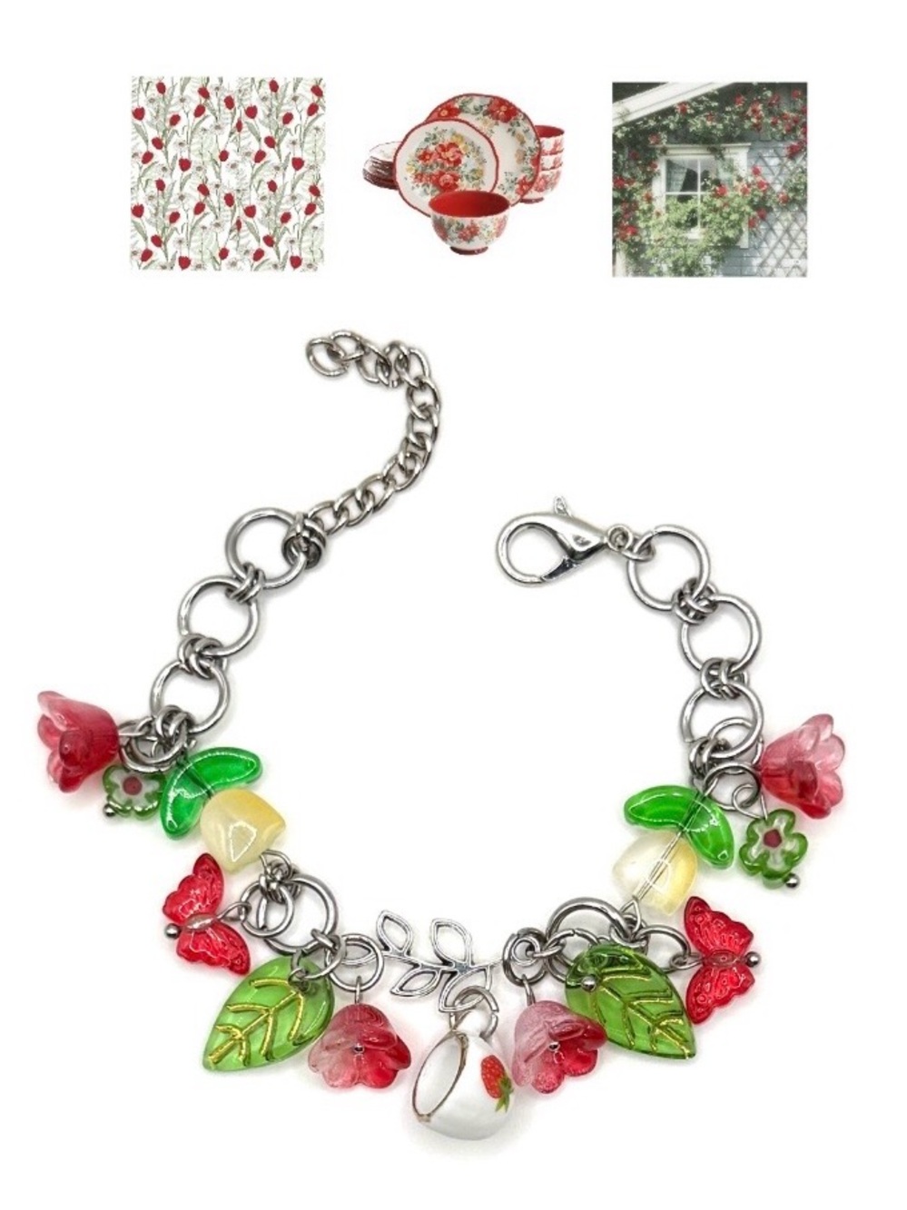 Red Floral Cottagecore Teacup Charm Bracelet
